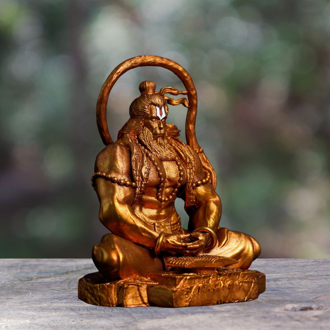 Meditating Hanuman Murti in Golden For Car Dashboard